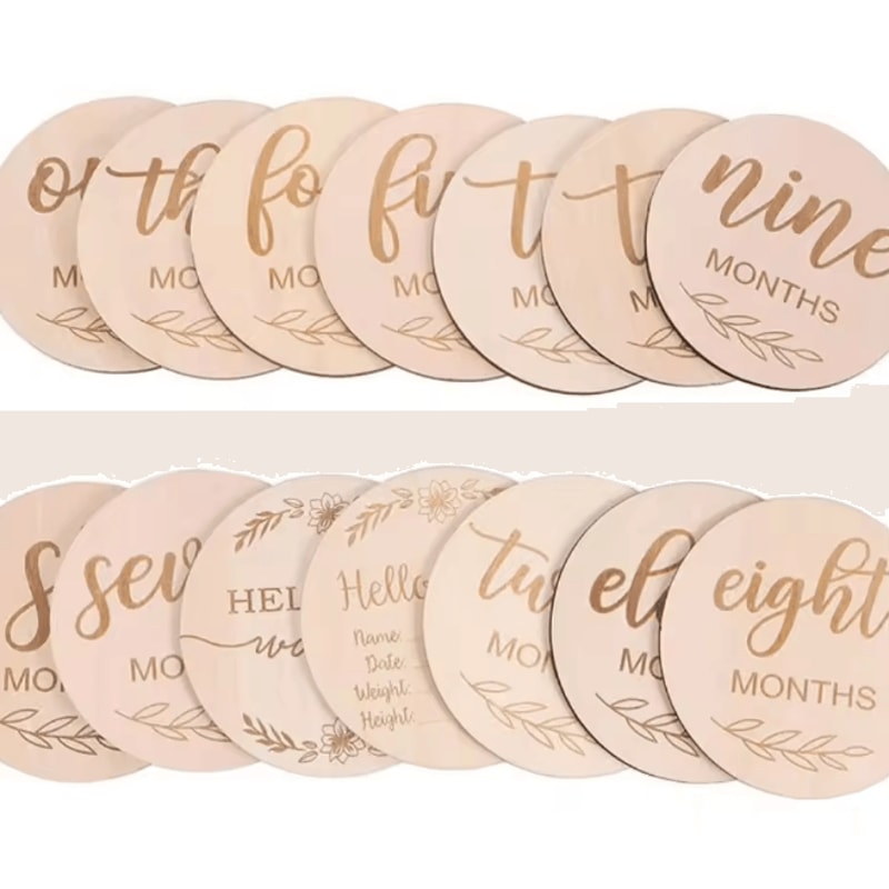 Wooden Baby Monthly Milestone Cards Newborn Photography Props Set 6