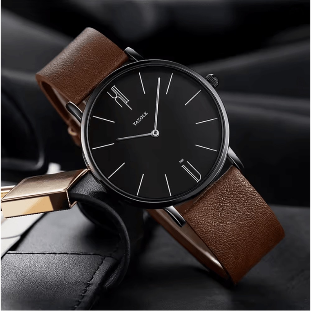 Mens Military Style Quartz Watch Genuine Leather Strap 0