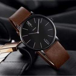 mens military style quartz watch genuine leather strap