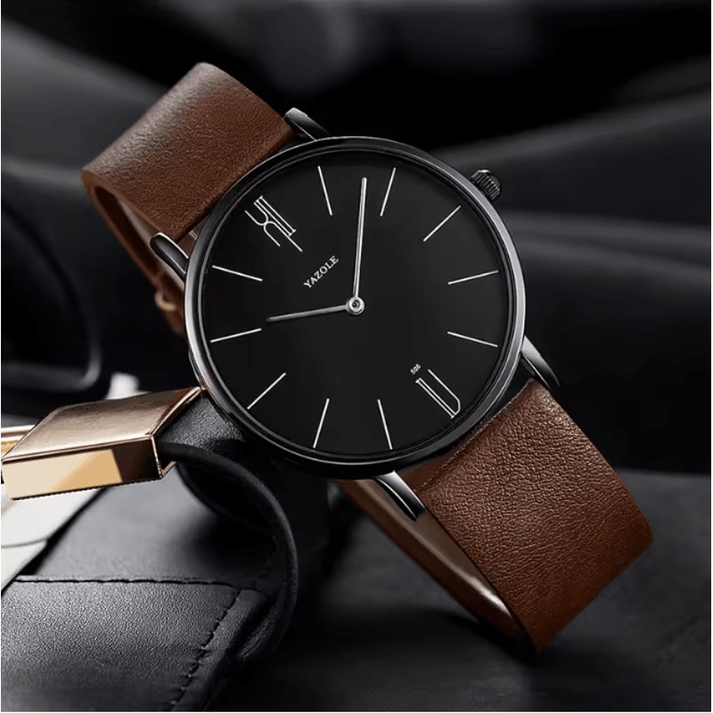 Mens Military Style Quartz Watch Genuine Leather Strap 0