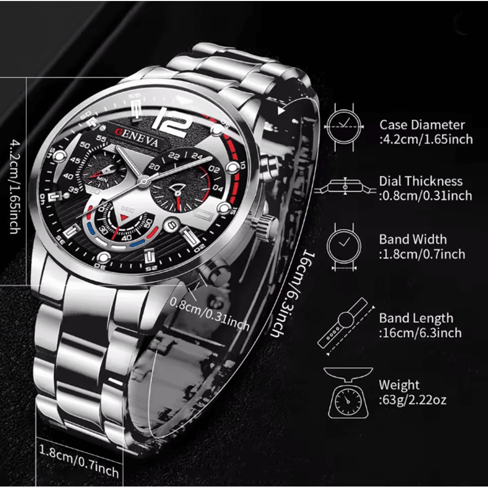 Mens Stainless Steel Quartz Watch Classic Analog Calendar 3