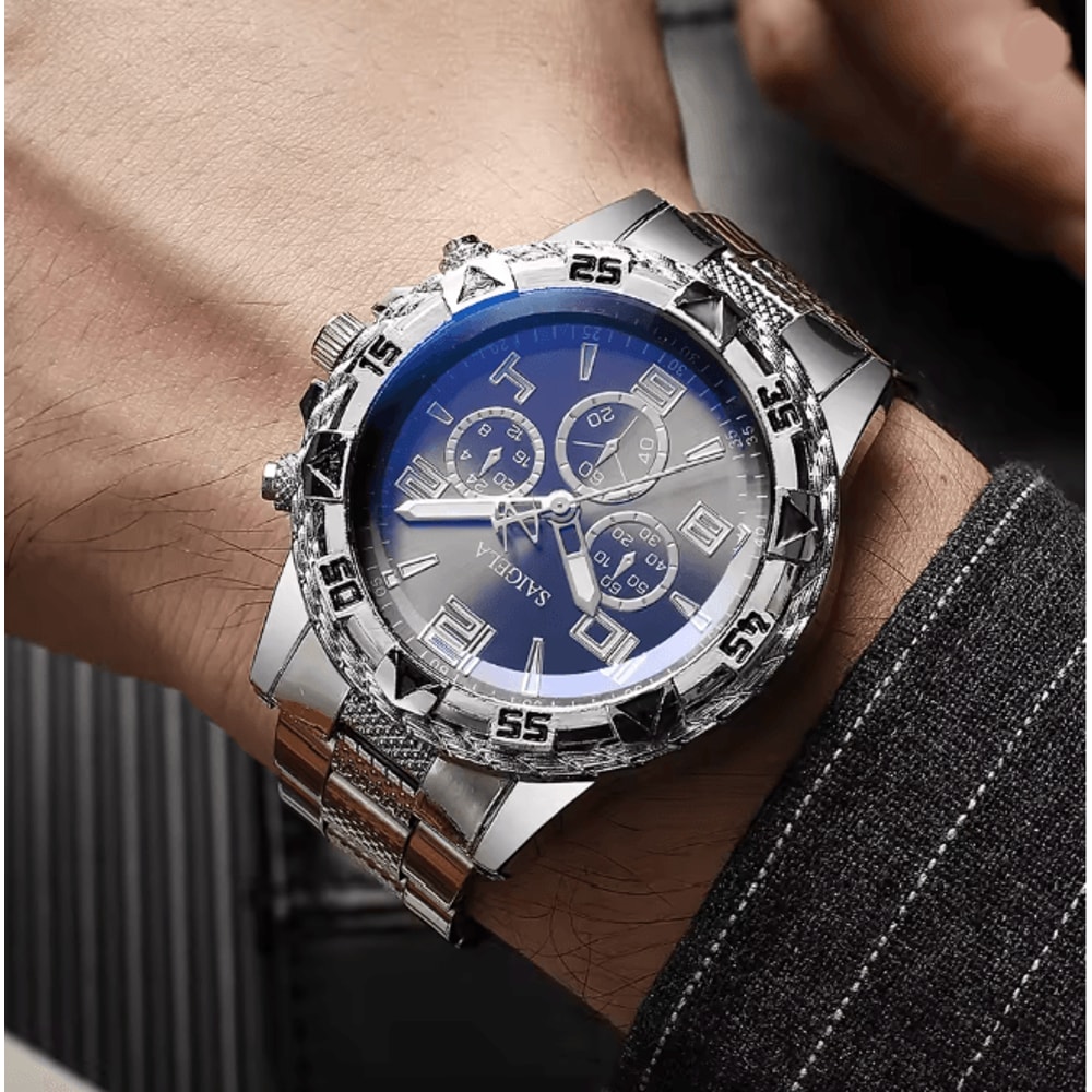 Mens Business Quartz Watch Set Arabic Dial Steel Band 3