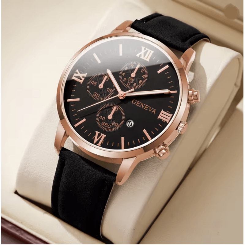 Mens Roman Dial Quartz Watch Leather Band Business Style 9