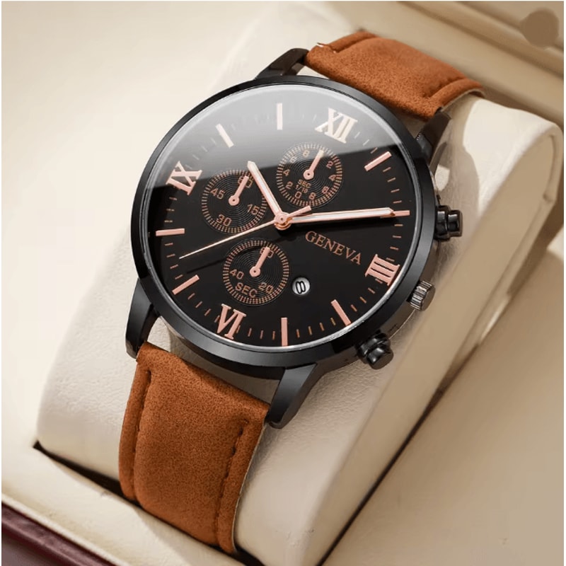 Mens Roman Dial Quartz Watch Leather Band Business Style 10