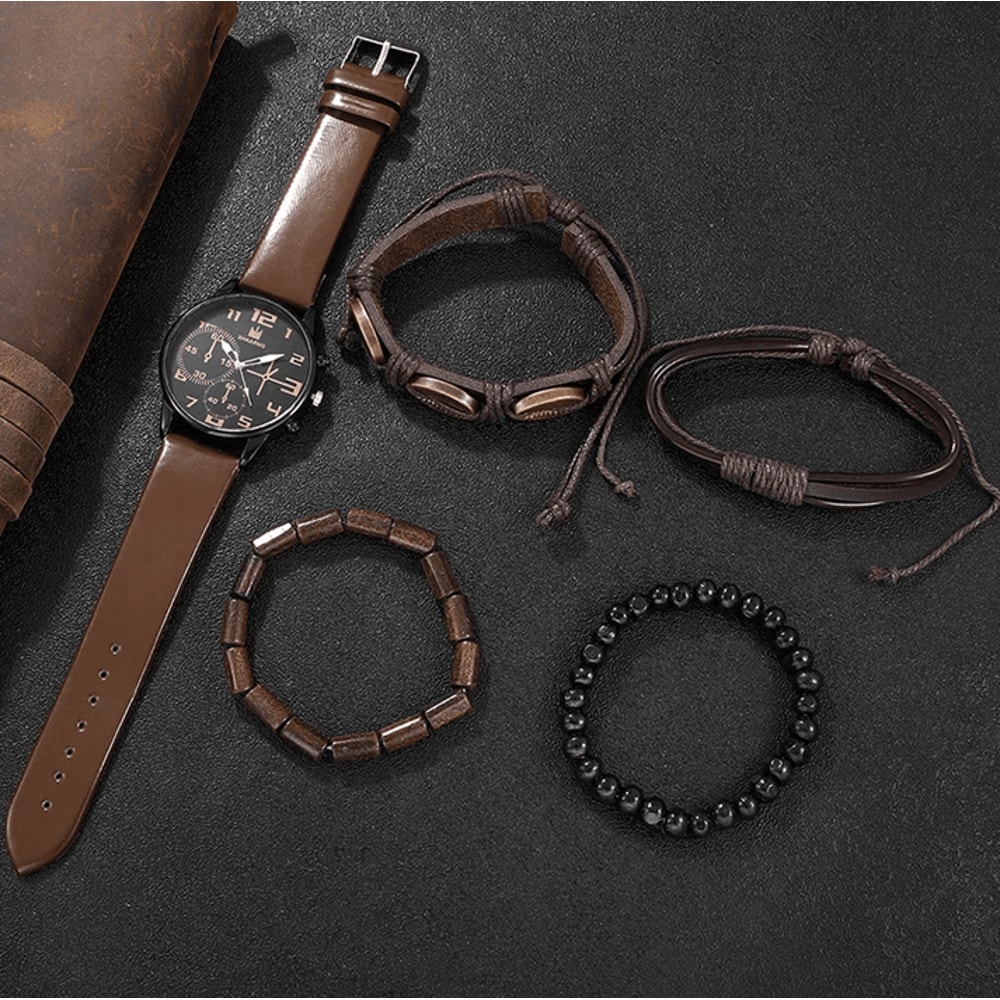 Mens Retro Quartz Watch And Bracelet Set Big Dial Leather Style 0