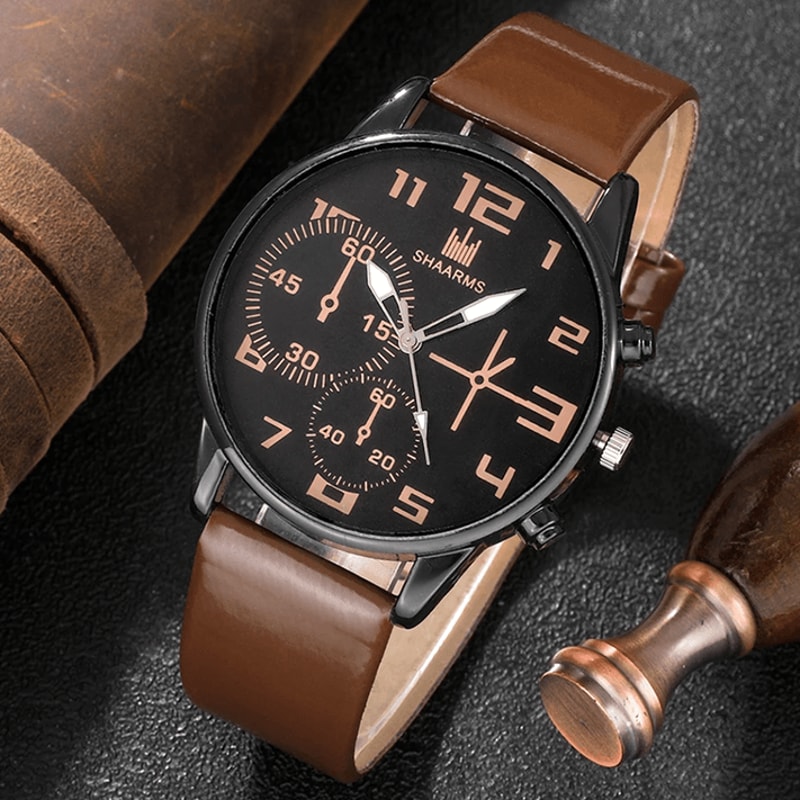 Mens Retro Quartz Watch And Bracelet Set Big Dial Leather Style 2