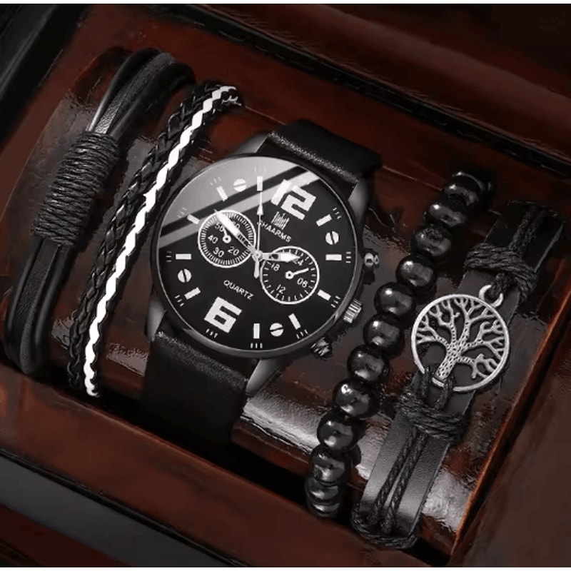 Mens Retro Quartz Watch And Bracelet Set Big Dial Leather Style 3