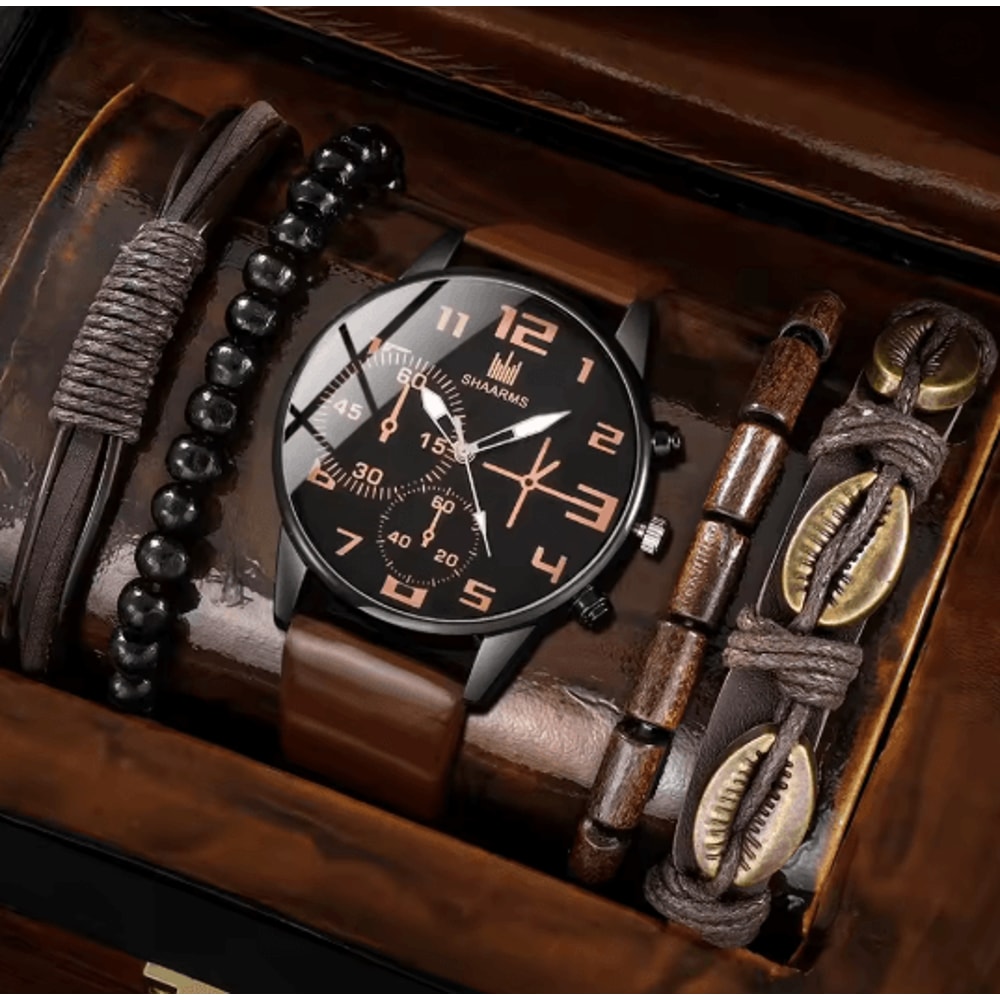 Mens Retro Quartz Watch And Bracelet Set Big Dial Leather Style 4