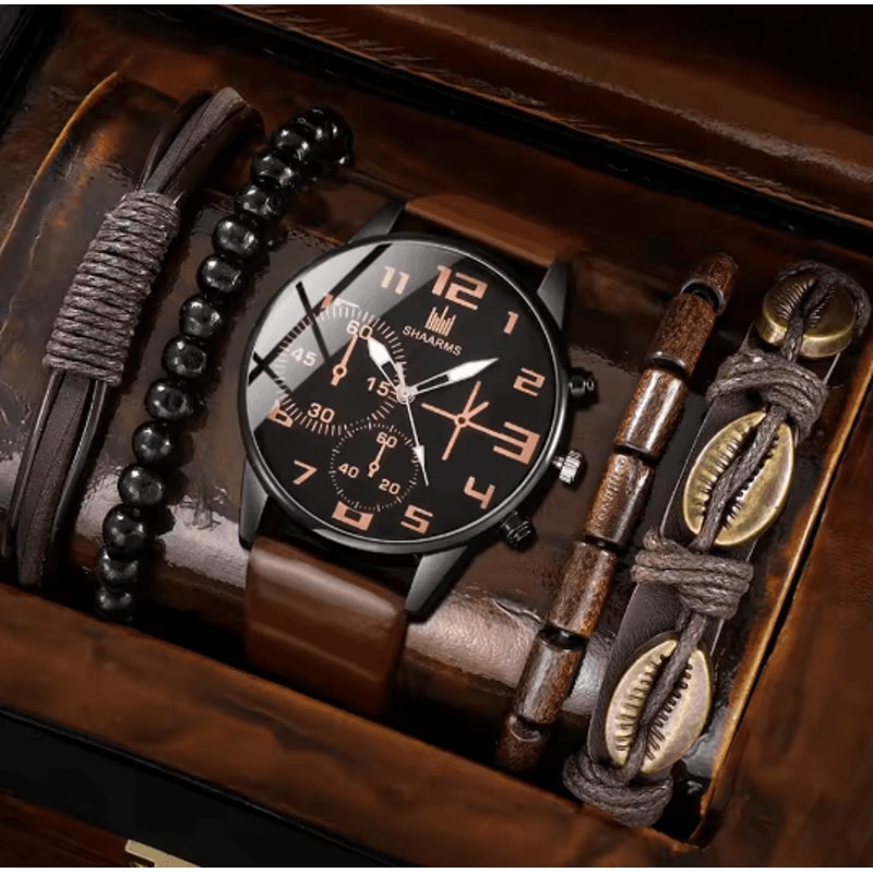 Mens Retro Quartz Watch And Bracelet Set Big Dial Leather Style 4