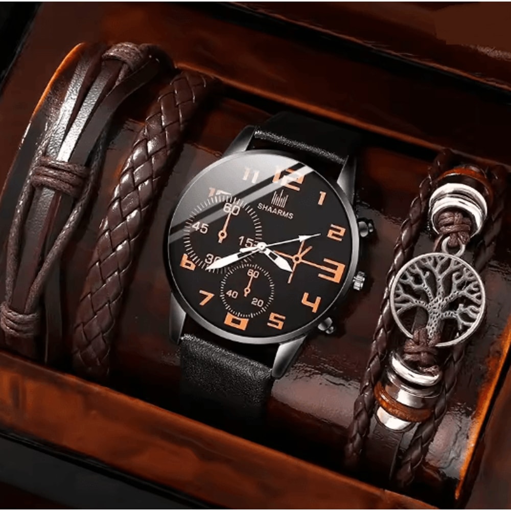 Mens Retro Quartz Watch And Bracelet Set Big Dial Leather Style 5