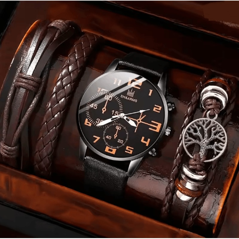 Mens Retro Quartz Watch And Bracelet Set Big Dial Leather Style 5