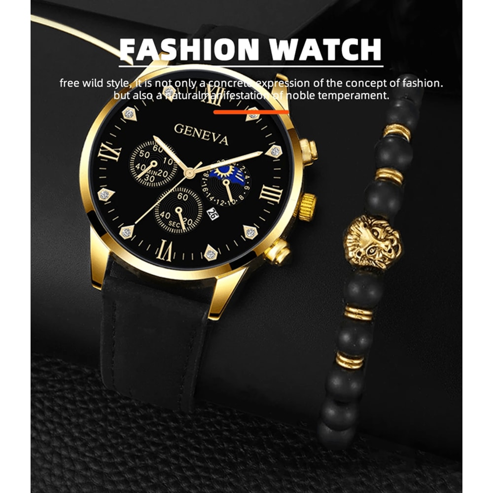 Luxury Mens Quartz Watch And Bracelet Set Business Calendar Style 0