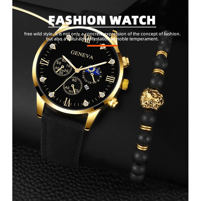 Luxury Mens Quartz Watch And Bracelet Set Business Calendar Style 0