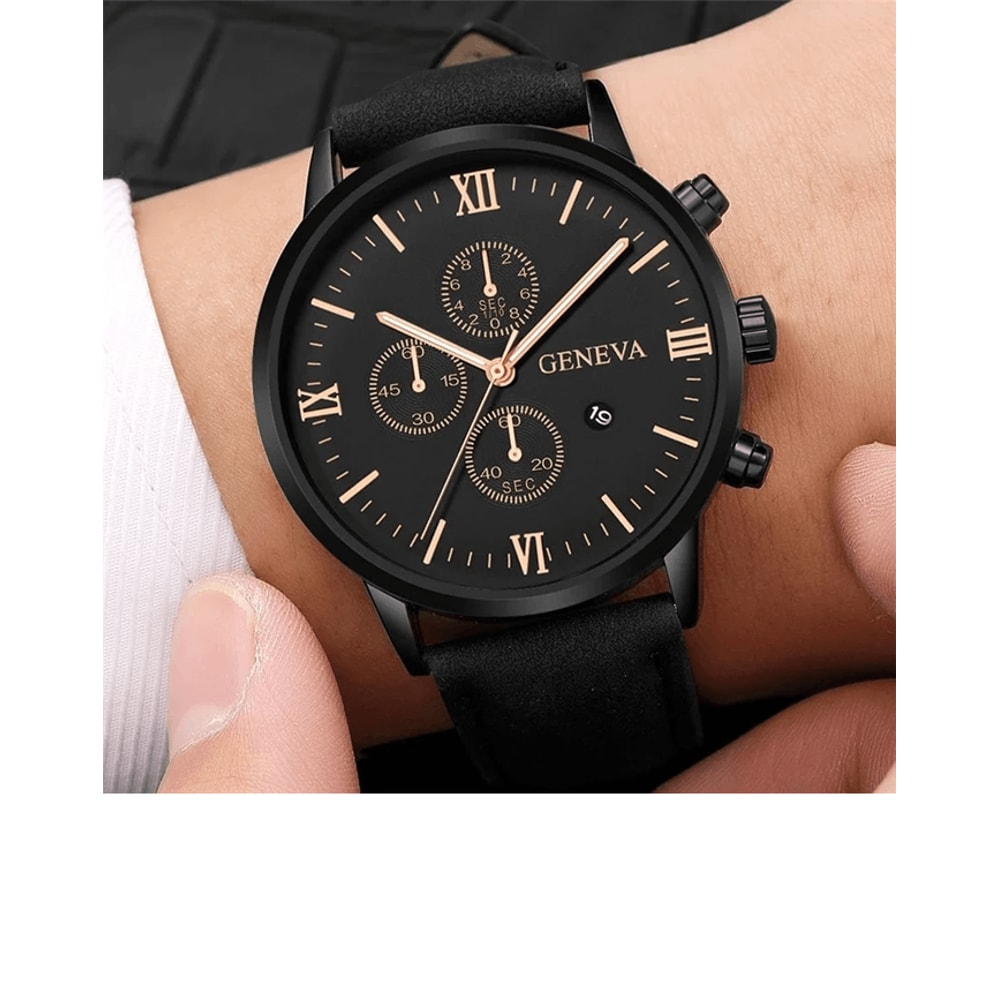 Mens Casual Leather Quartz Watch With Calendar 0