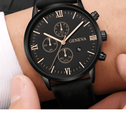mens casual leather quartz watch with calendar