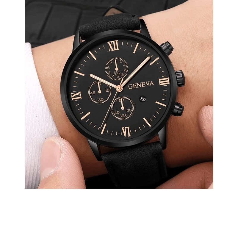 Mens Casual Leather Quartz Watch With Calendar 0