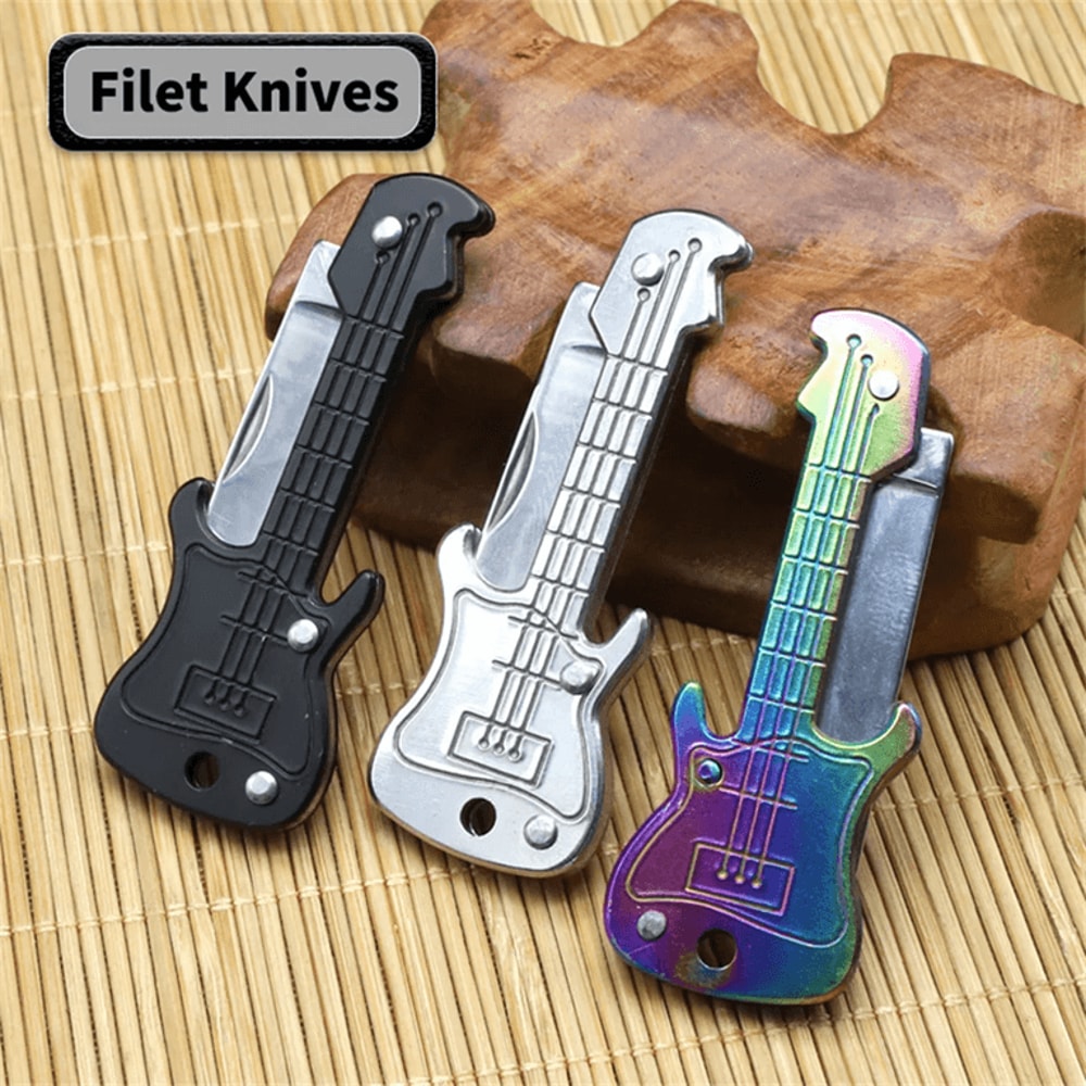 Mini Guitar Keychain Folding Knife Stainless Steel Pocket Tool 0