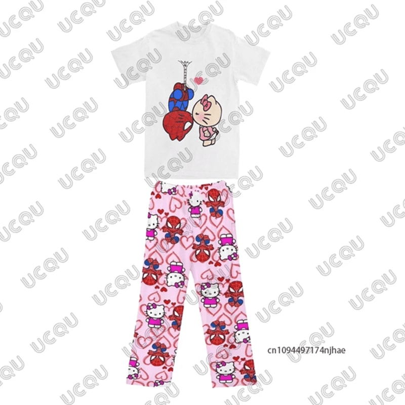 Mens Cartoon Print Two Piece Tracksuit T Shirt And Pajama Pants Set 1