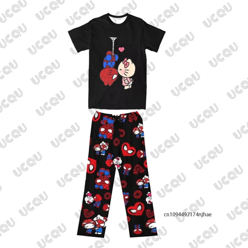 Mens Cartoon Print Two Piece Tracksuit T Shirt And Pajama Pants Set 2