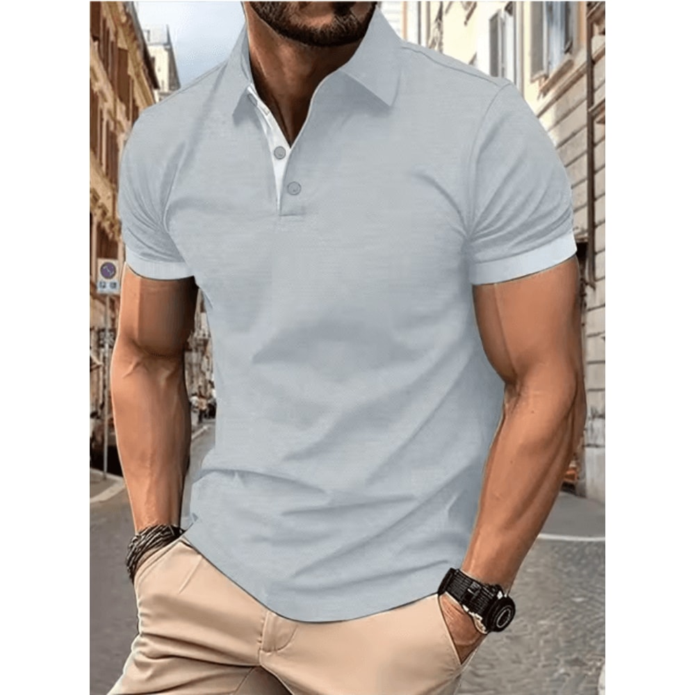 Mens Short Sleeve Color Block Lapel Shirt Casual Fashion Top 13