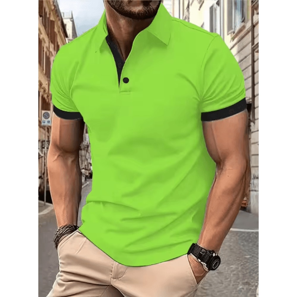 Mens Short Sleeve Color Block Lapel Shirt Casual Fashion Top 14