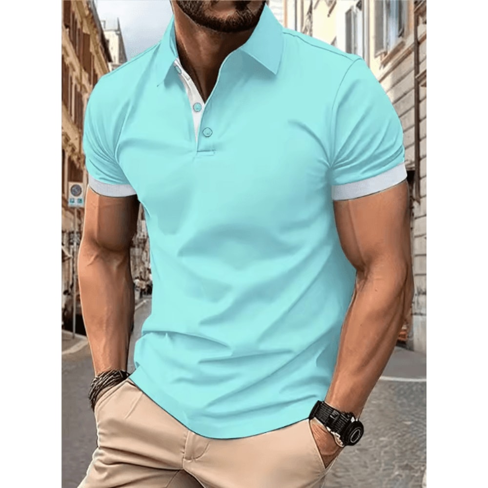 Mens Short Sleeve Color Block Lapel Shirt Casual Fashion Top 16