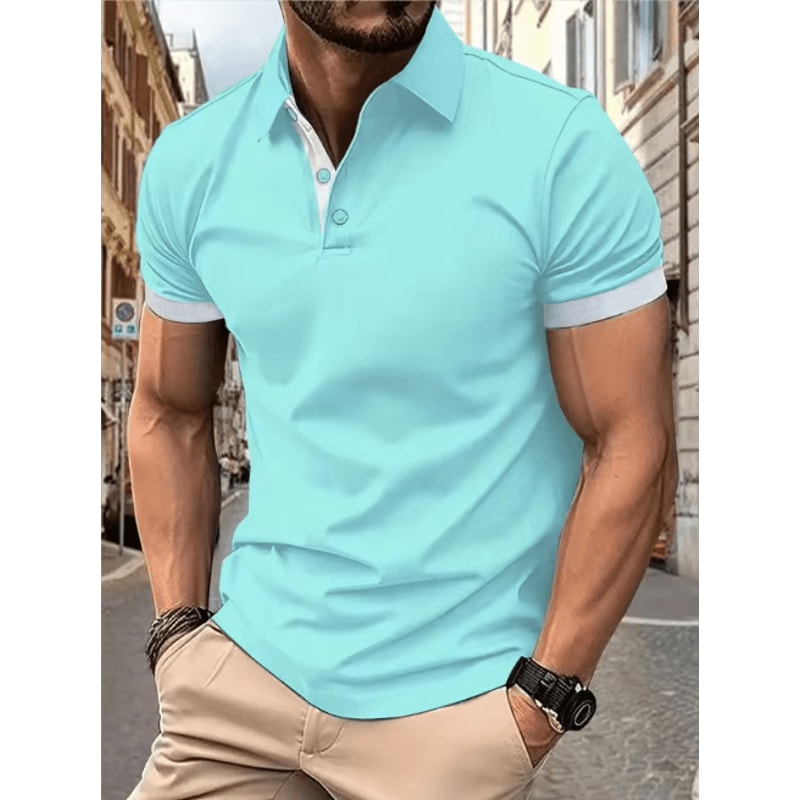 Mens Short Sleeve Color Block Lapel Shirt Casual Fashion Top 16