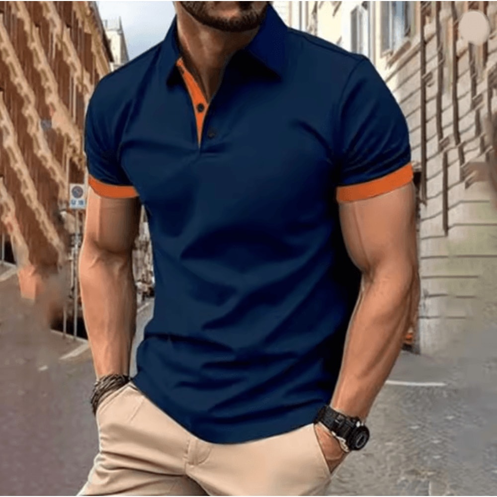 Mens Short Sleeve Color Block Lapel Shirt Casual Fashion Top 17
