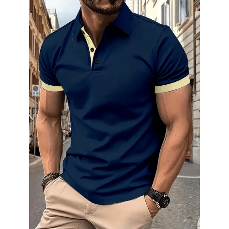 Mens Short Sleeve Color Block Lapel Shirt Casual Fashion Top 11
