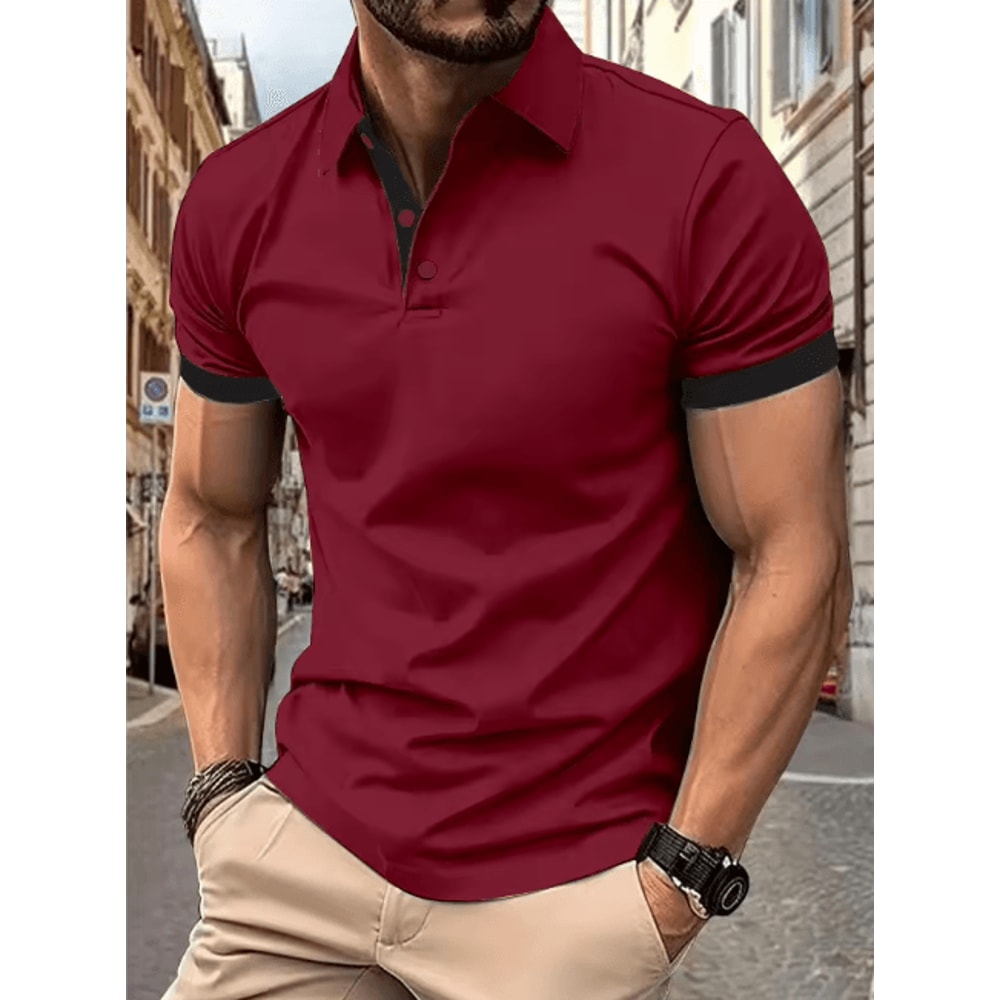 Mens Short Sleeve Color Block Lapel Shirt Casual Fashion Top 19