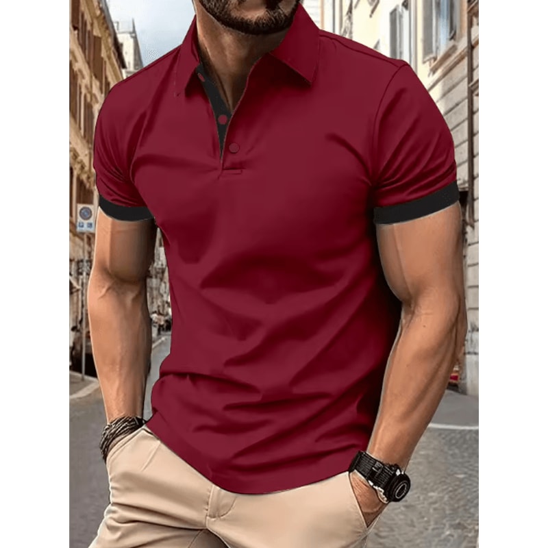 Mens Short Sleeve Color Block Lapel Shirt Casual Fashion Top 19