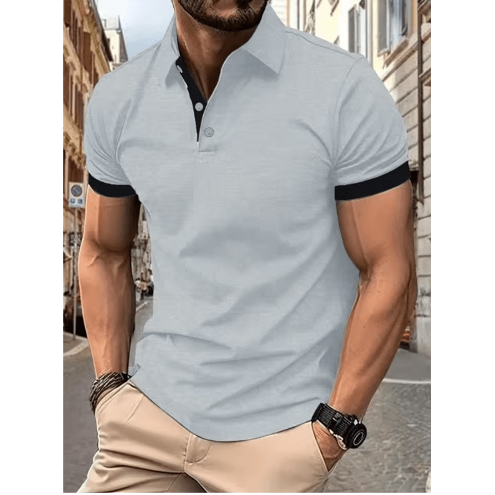 Mens Short Sleeve Color Block Lapel Shirt Casual Fashion Top 20