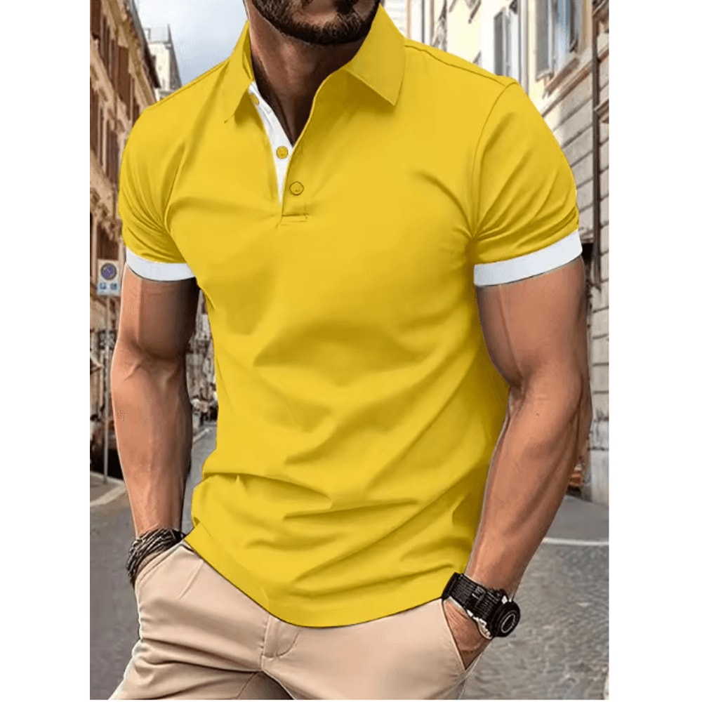 Mens Short Sleeve Color Block Lapel Shirt Casual Fashion Top 21