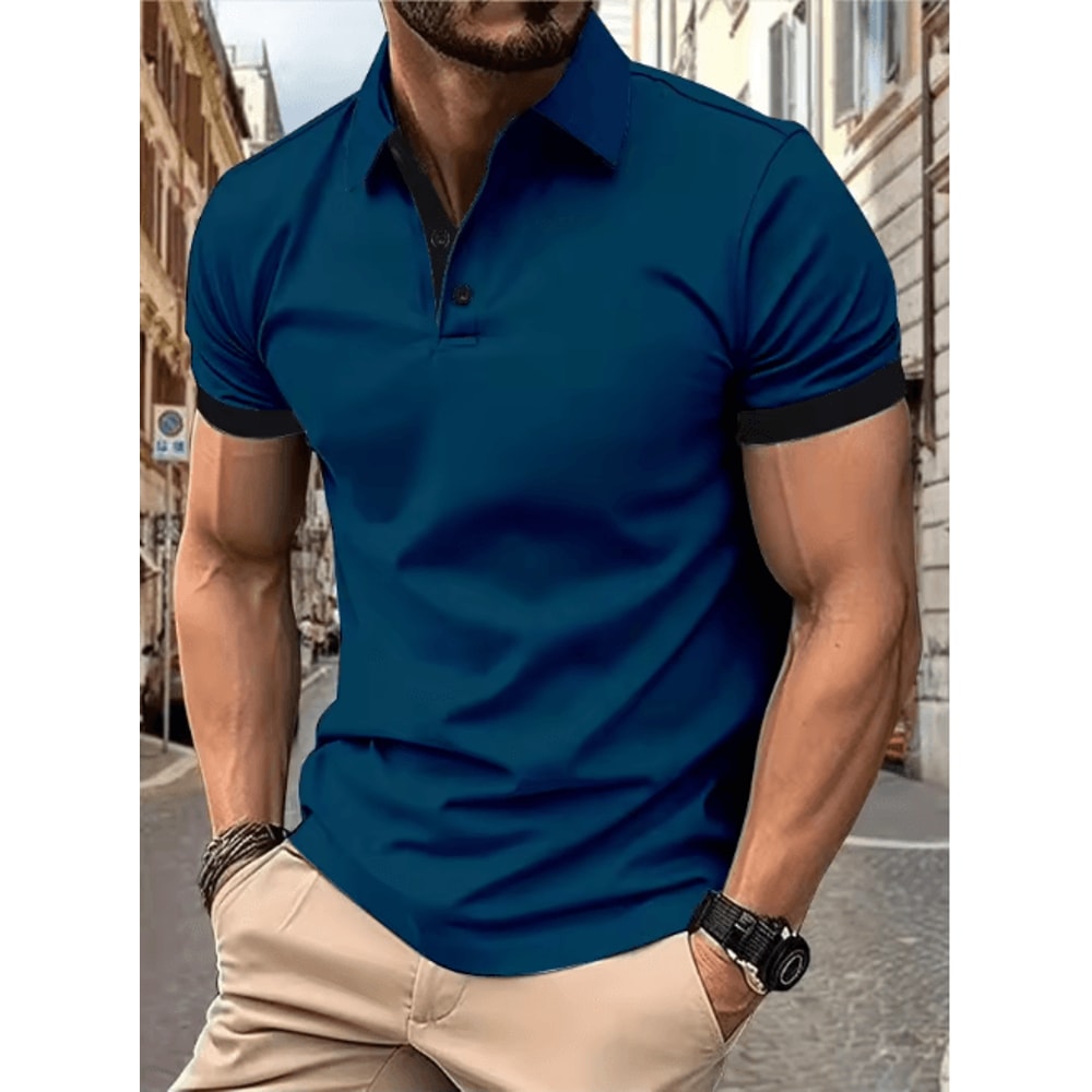 Mens Short Sleeve Color Block Lapel Shirt Casual Fashion Top 23