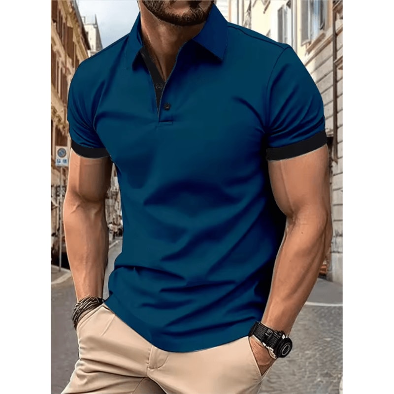 Mens Short Sleeve Color Block Lapel Shirt Casual Fashion Top 23