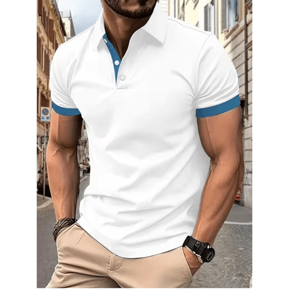 Mens Short Sleeve Color Block Lapel Shirt Casual Fashion Top 6
