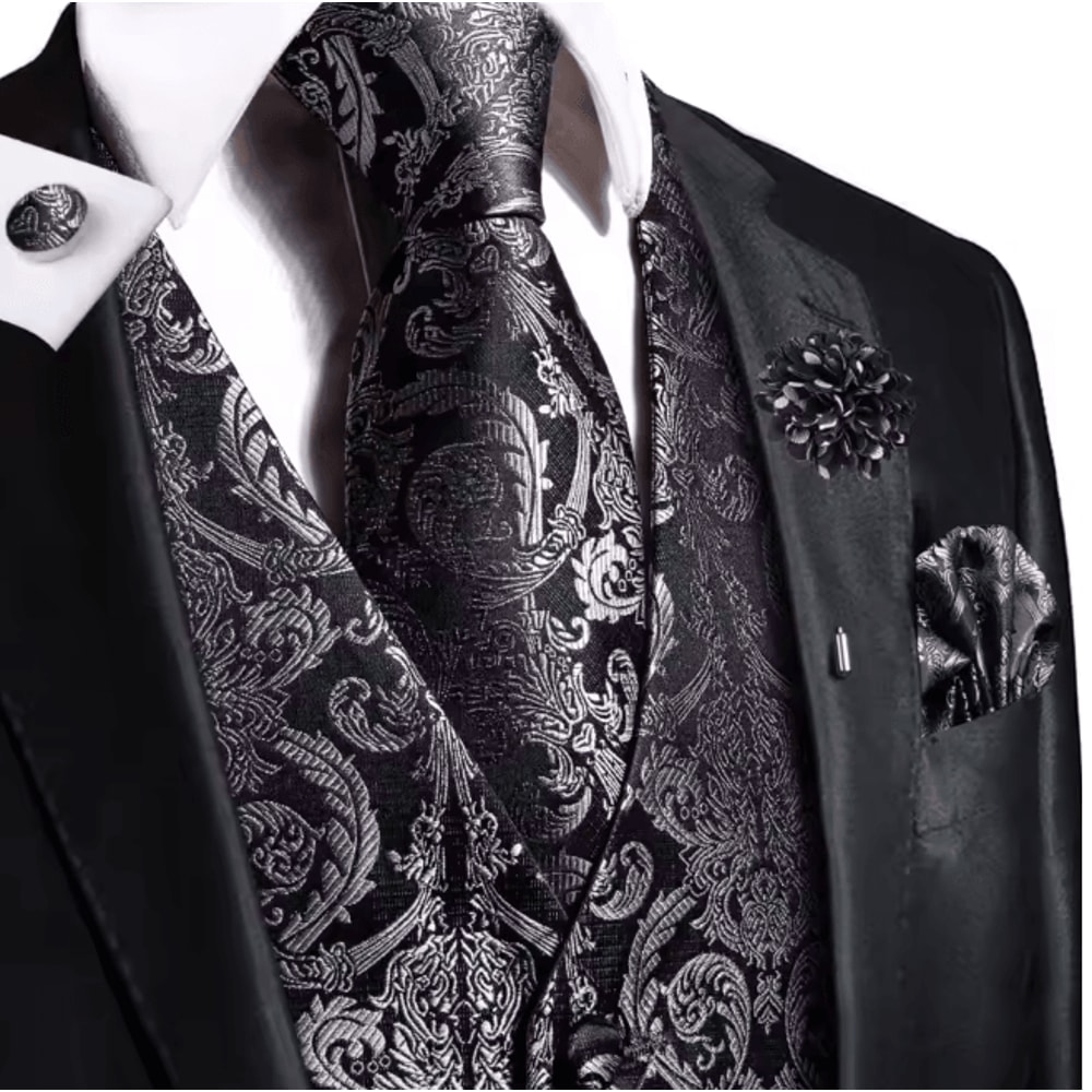 Mens Silk Jacquard Vest Tie And Accessory Set For Formal Wear 9
