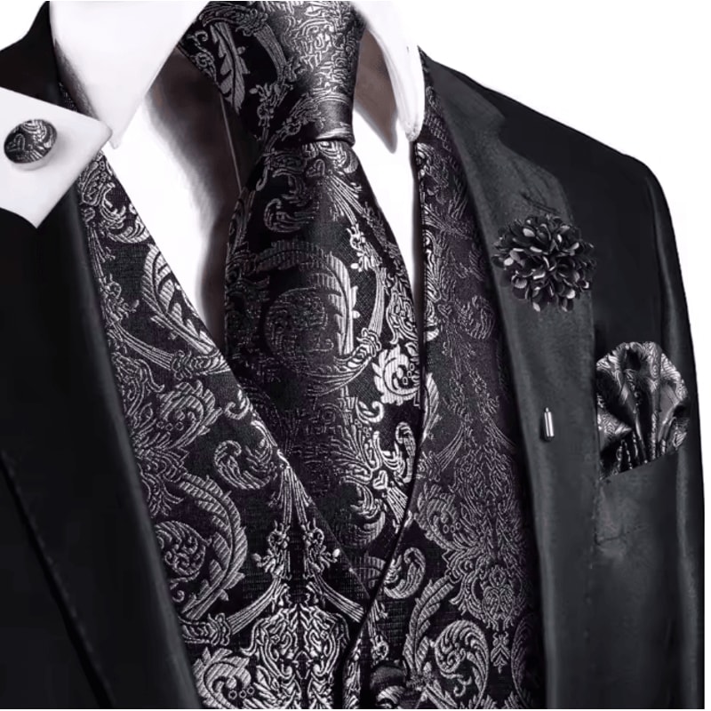 Mens Silk Jacquard Vest Tie And Accessory Set For Formal Wear 9