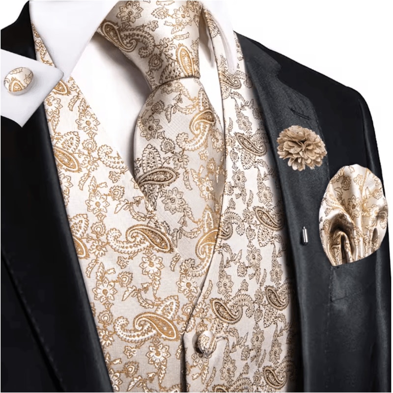 Mens Silk Jacquard Vest Tie And Accessory Set For Formal Wear 4
