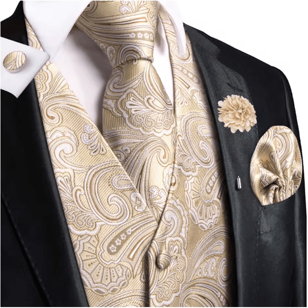 Mens Silk Jacquard Vest Tie And Accessory Set For Formal Wear 5