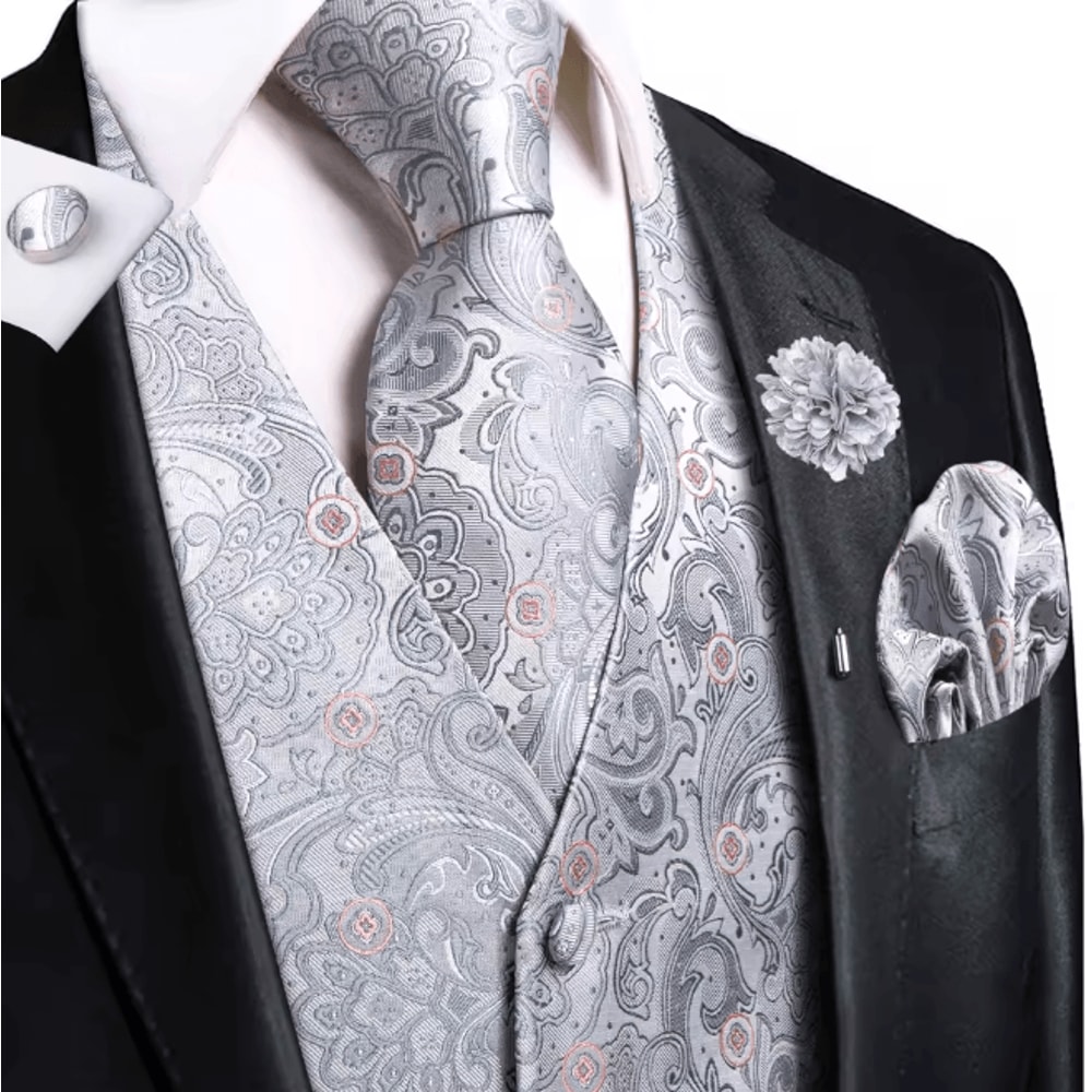 Mens Silk Jacquard Vest Tie And Accessory Set For Formal Wear 6
