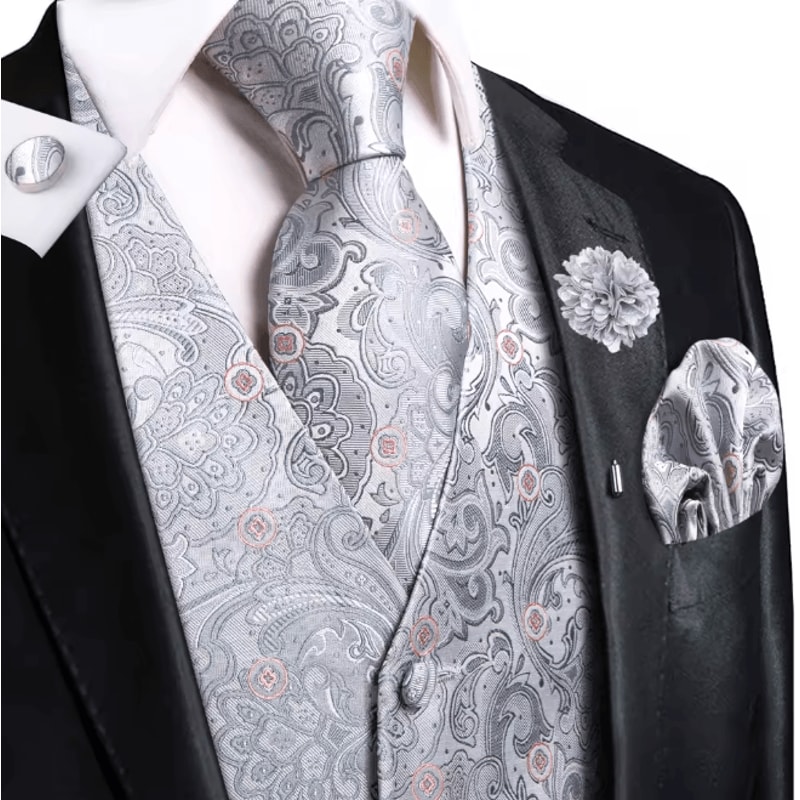 Mens Silk Jacquard Vest Tie And Accessory Set For Formal Wear 6