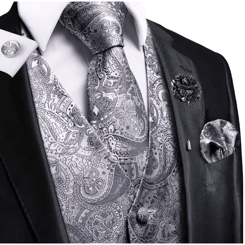Mens Silk Jacquard Vest Tie And Accessory Set For Formal Wear 7
