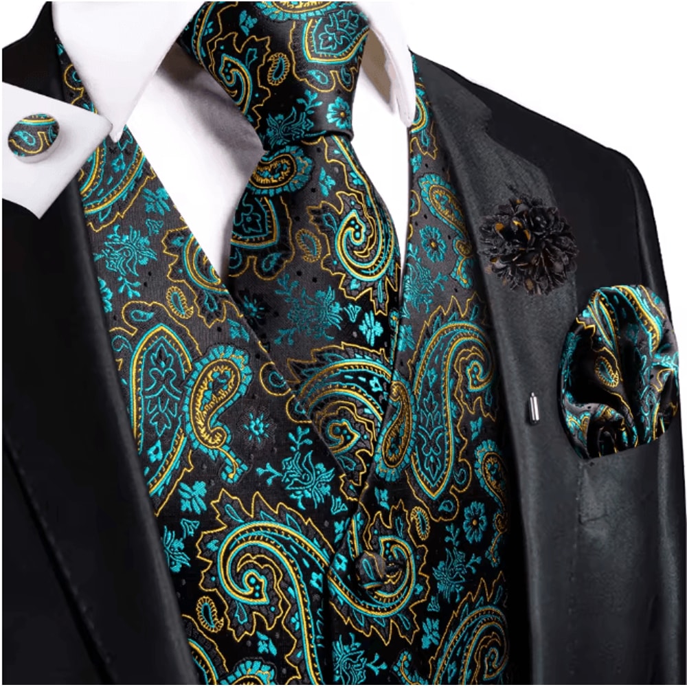 Mens Silk Jacquard Vest Tie And Accessory Set For Formal Wear 11