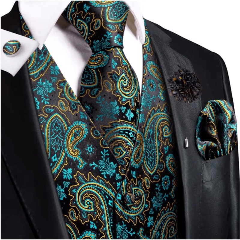 Mens Silk Jacquard Vest Tie And Accessory Set For Formal Wear 11