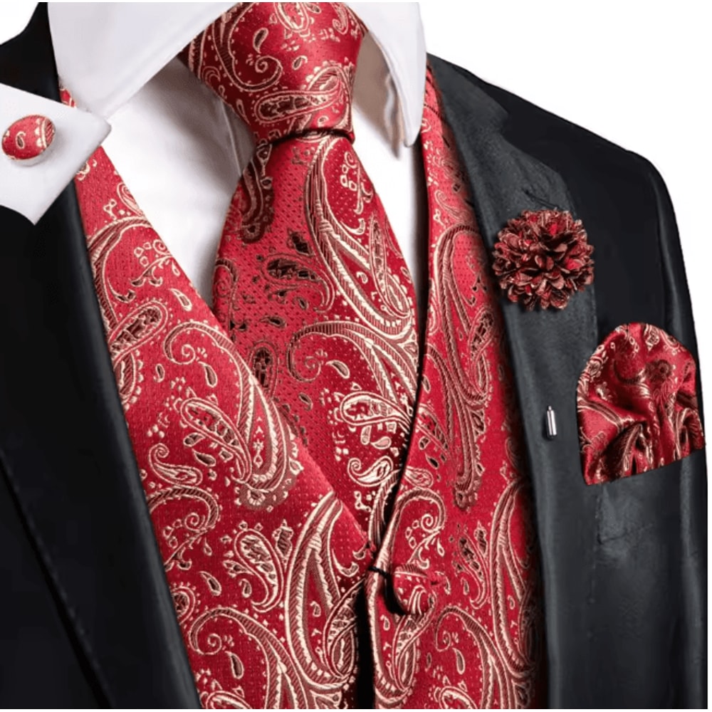 Mens Silk Jacquard Vest Tie And Accessory Set For Formal Wear 13