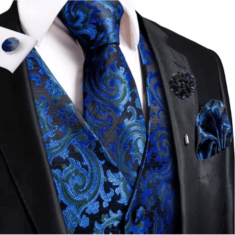 Mens Silk Jacquard Vest Tie And Accessory Set For Formal Wear 14