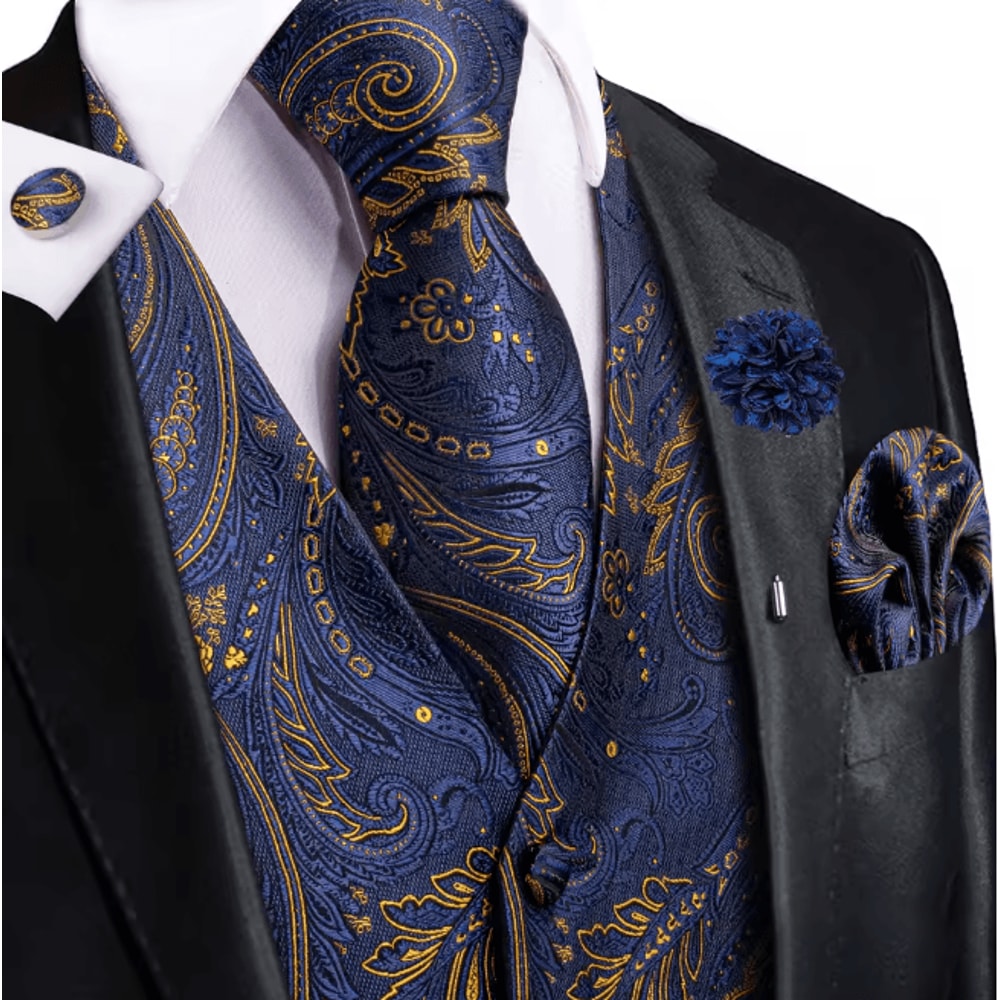 Mens Silk Jacquard Vest Tie And Accessory Set For Formal Wear 15
