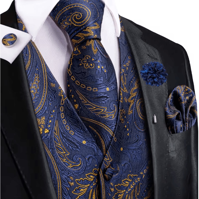 Mens Silk Jacquard Vest Tie And Accessory Set For Formal Wear 15