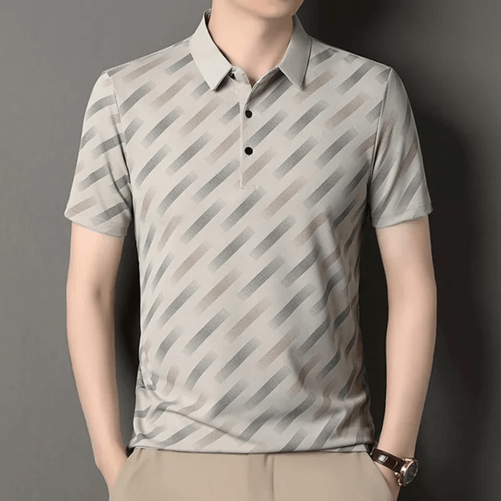 Mens Business Casual Printed Polo Shirt Short Sleeve Breathable Top 1